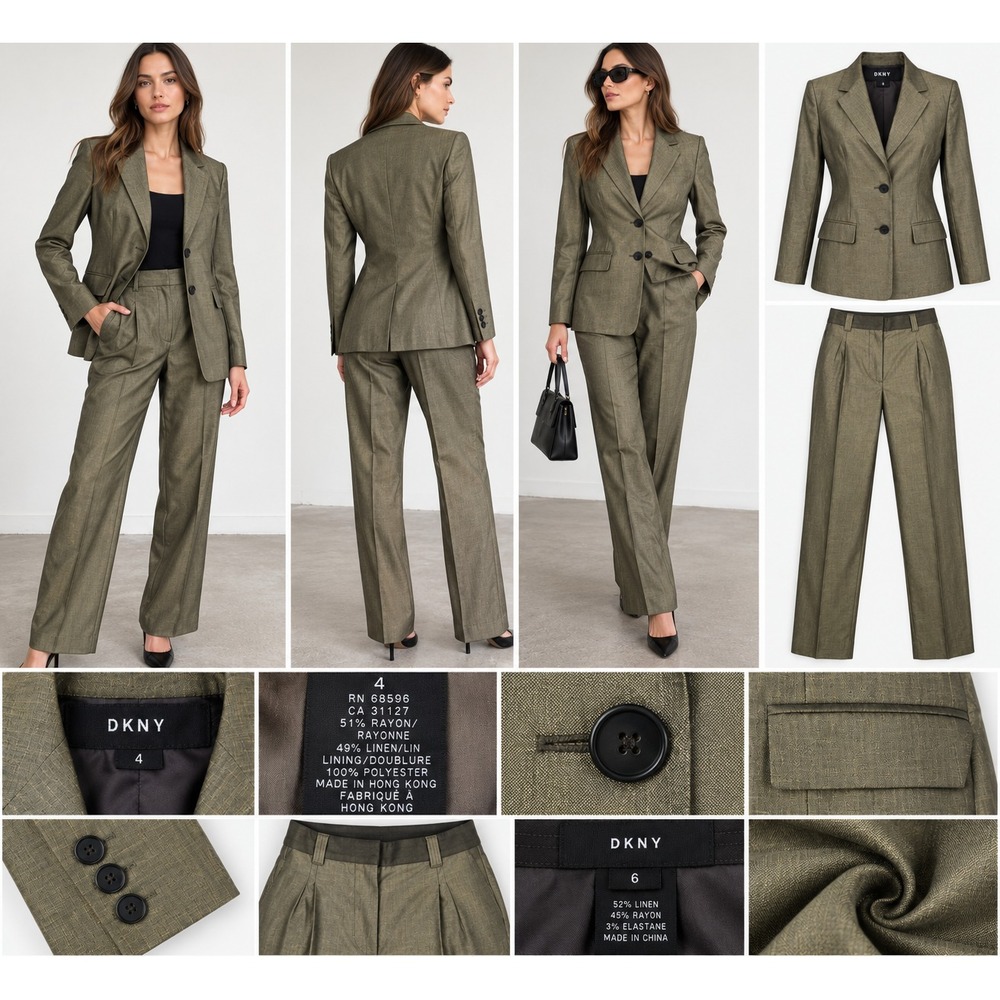 DKNY Women's 2-Piece Suit Blazer 4 Pants 6 Green Linen Blend Career